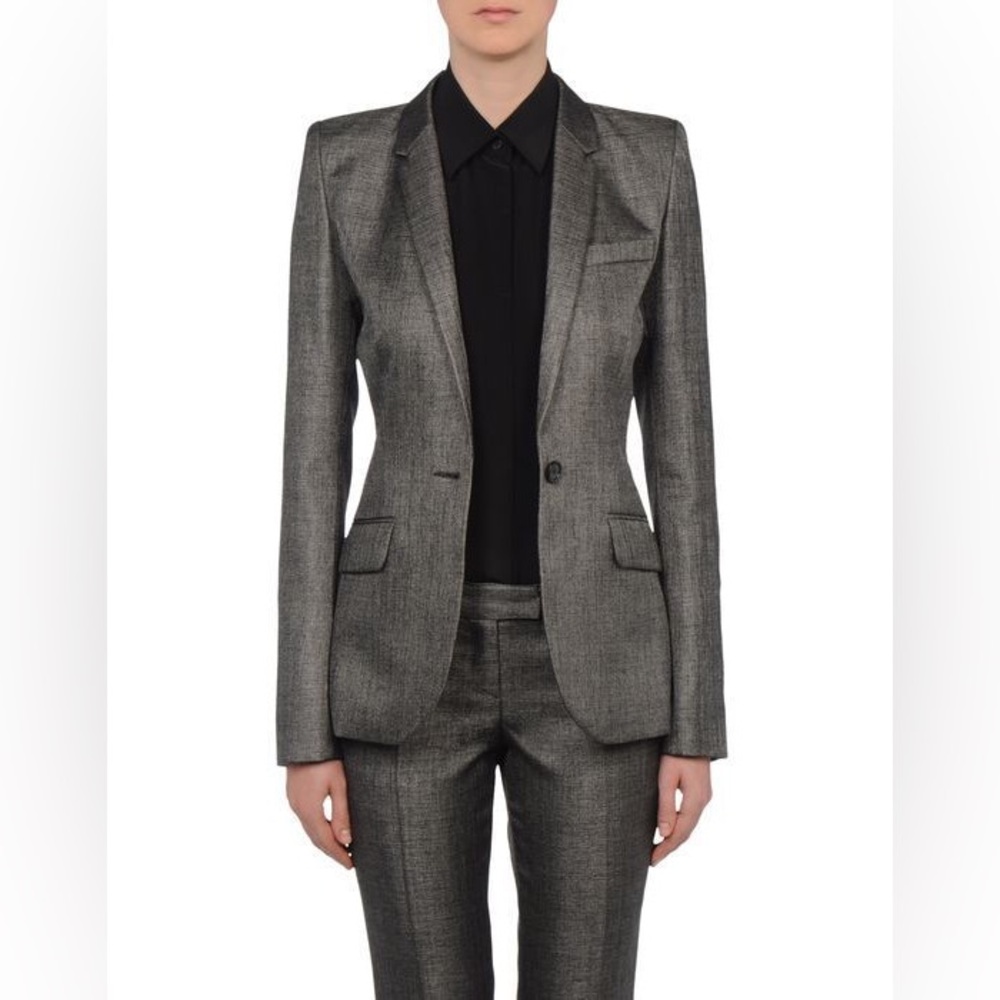 Barbara Bui Wool Blend Grey/Silver Blazer Fitted Padded Shoulders EU38